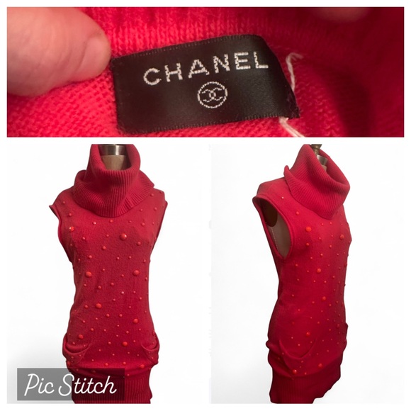 CHANEL Dresses & Skirts - Vintage Chanel coral cashmere Cowl Neck Sweater dress stone embellishments